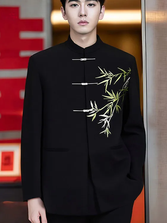 

Новый китайский мужской костюм с вышивкой бамбуковым узором, пиджак с подплечниками, повседневная одежда в западном стиле, осенняя молодежная мода