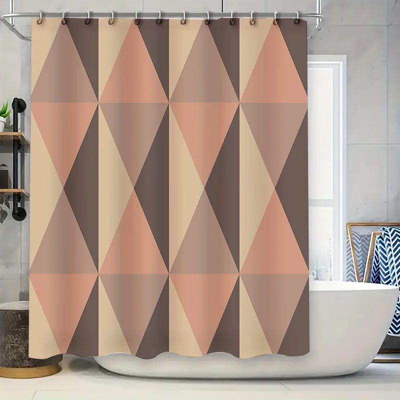 Modern Geometric Shower Curtain Bathroom Decor Pink Beige Brown Color Block Design Waterproof Fabric Shower Caddy