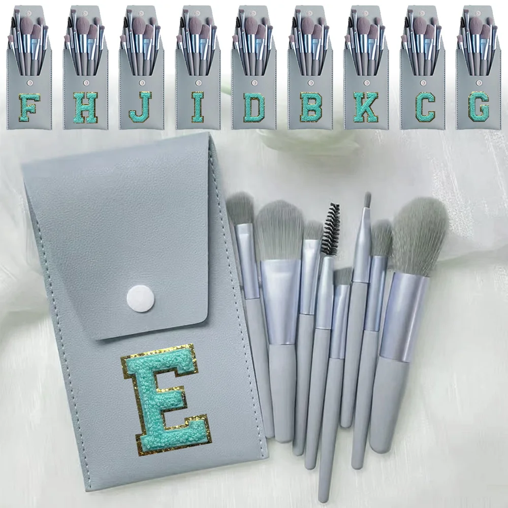 8Pcs Makeup Brush Set Beauty Tool Kit Bag Portable PU Cosmetic Organizer Pack Initiial Chenille Green Embroidery Letter Pattern