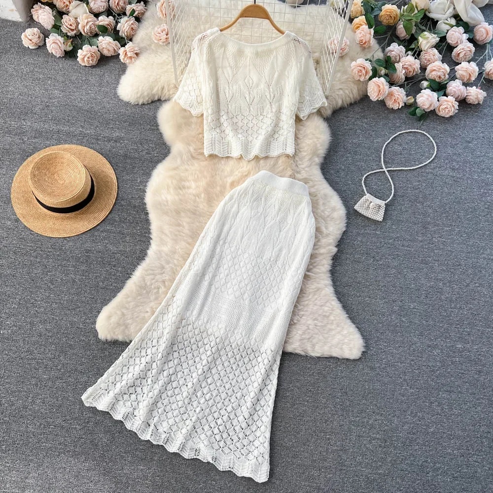 Chic Women Two-Piece Sets Slim O-neck Hook Flower Hollow Out Lace Top and Sexy Mermaid Skirt Korean High Street Summer Clothing