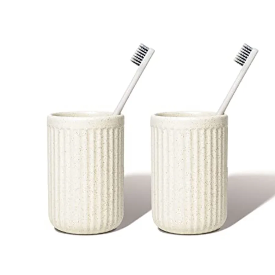 

2 Pack Beige Speckled Ceramic Toothbrush Holder Rippled Cylinder Tumbler for Bathroom Countertop Makeup Brush Holder Pen Organi