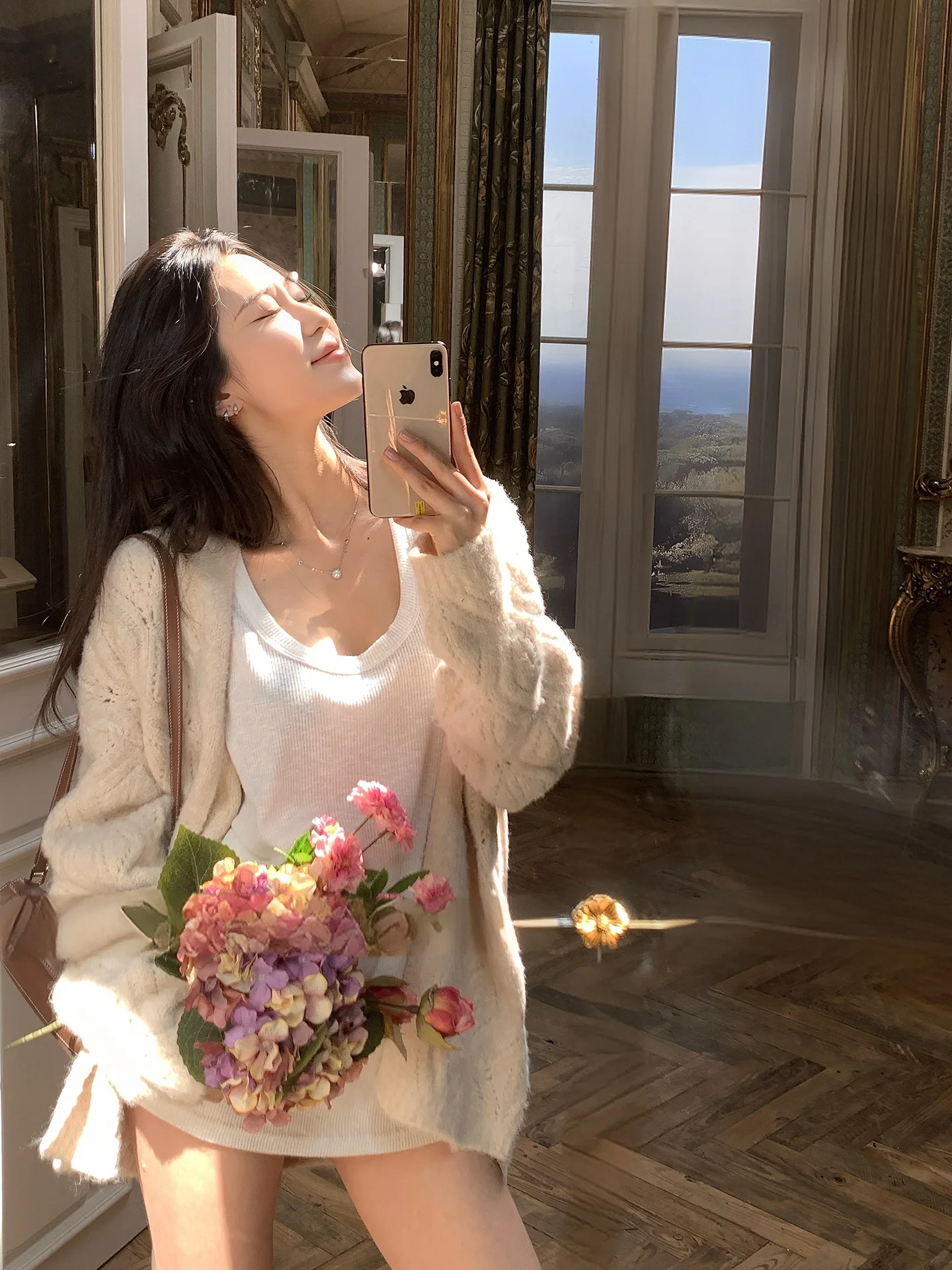 

Вязаный кардиган Chenxi He Peach свободного кроя в стиле Lazy, средней длины, с ажурными элементами, мягкий и уютный, весна 2026, женская вязаная одежда