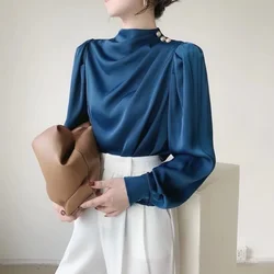 Satin Damen hemden neue feste lässige Blusen Seide O-Ausschnitt Damen bekleidung lose Langarm Frühling/Sommer 2023 Mode Tops