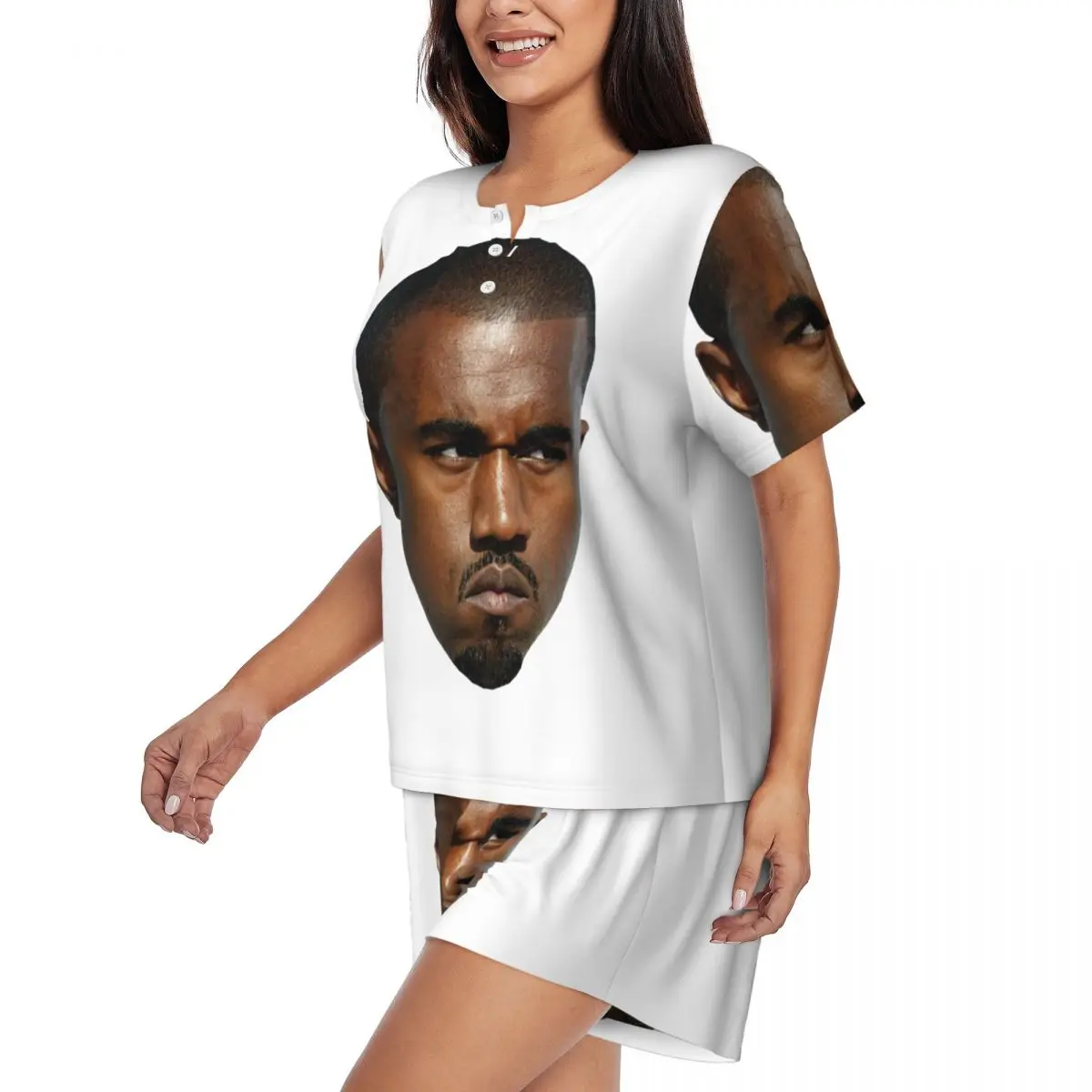 Custom Printed Women Funny Kanye West Meme Pajamas Set Short Sleeve Rapper Music Producer Sleepwear Loungewear Pjs 2 Piece Sets