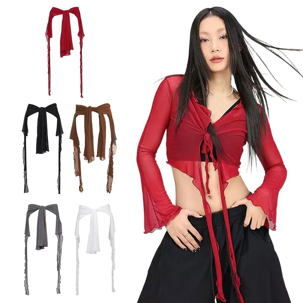 Jeans Pants Decor Irregular Jazz Dance Scarf Streetwear Harajuku Y2K Belt High Waist See Through Jeans Decor