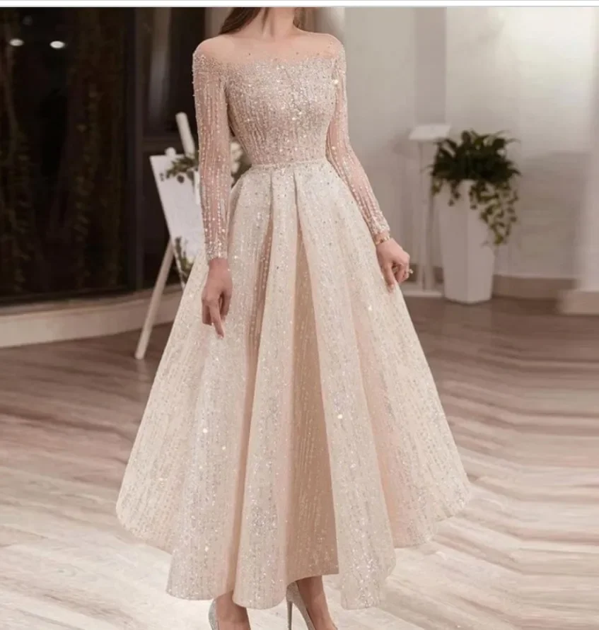 Luxury Beige Midi Evening Dress for Women Party Long Sleeve Illusion Neck Ankle Length Arabic Bridal Formal Gowns فساتين سهرة