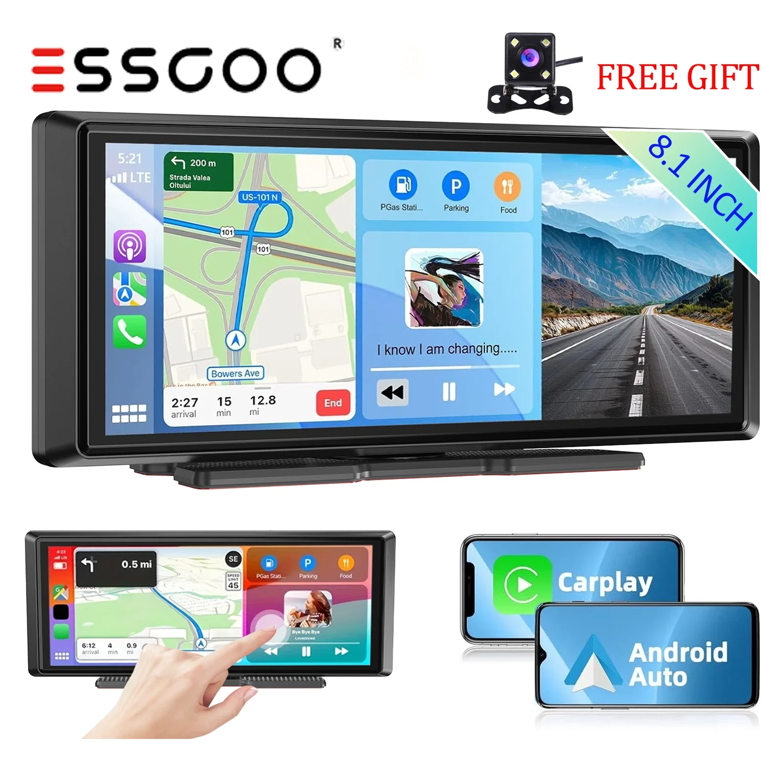 

ESSGOO 8.1” Wireless CarPlay Android Auto Car Radio Multimedia Player IPS Screen With AUX TF Slot Support Rearview Camera