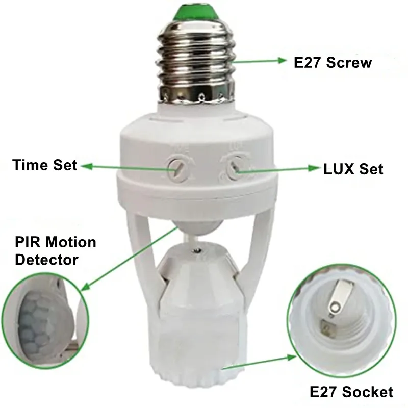 E27 Motion Sensor Light Switch 100-240V Motion Detector E27 Base Lamp Holder With Light Control Smart Switch Bulb Socket Adapter