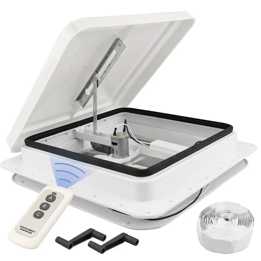 

14x14 RV Roof Vent Fan, 12V Remote Control Reversible Exhaust Fan with 6 Blades, White RV Vent for Camper Enclosed Trailer Roof