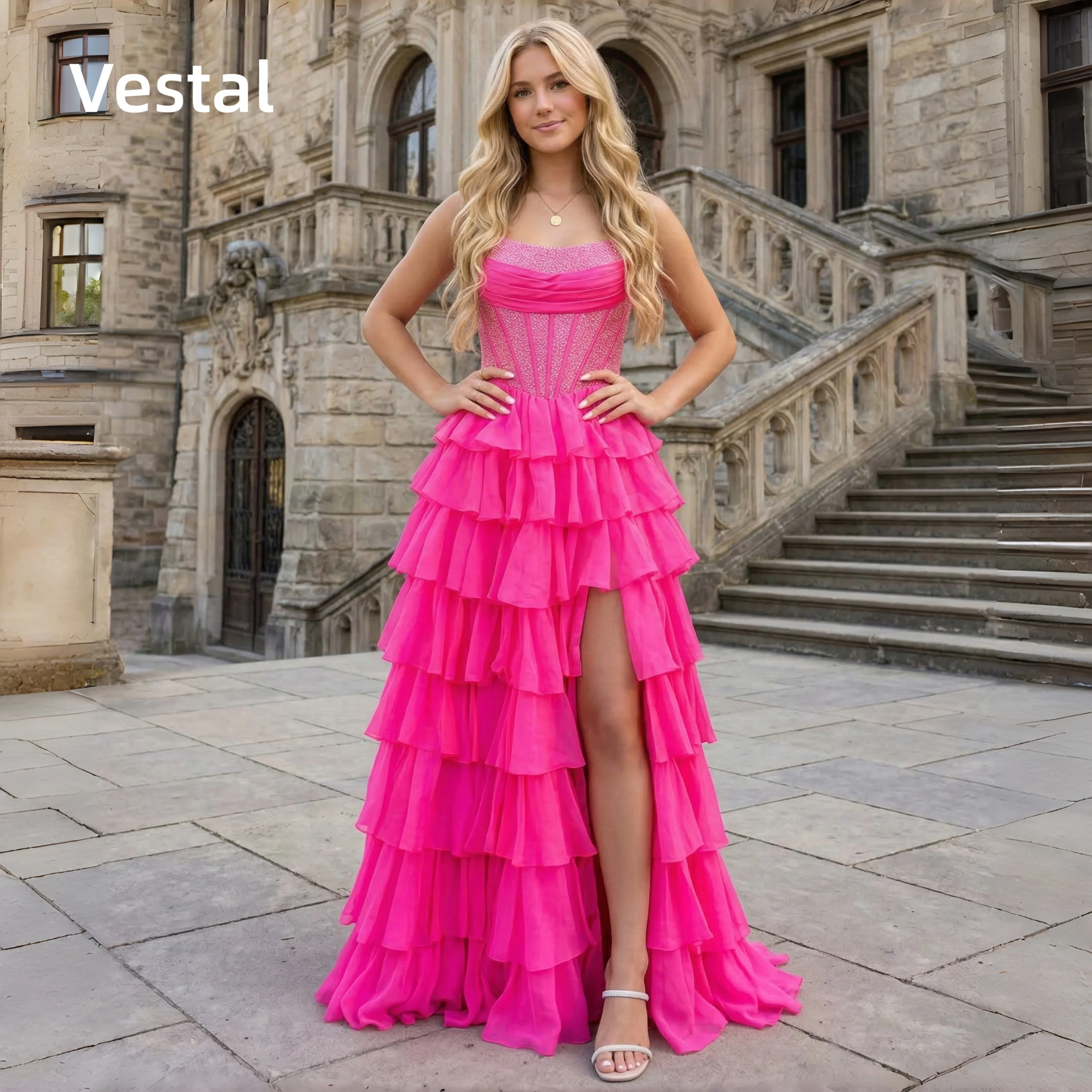 Strapless Hot Pink Ruffled Prom Dress with High Slit Corset Bodice Vibrant Evening Gown Customized