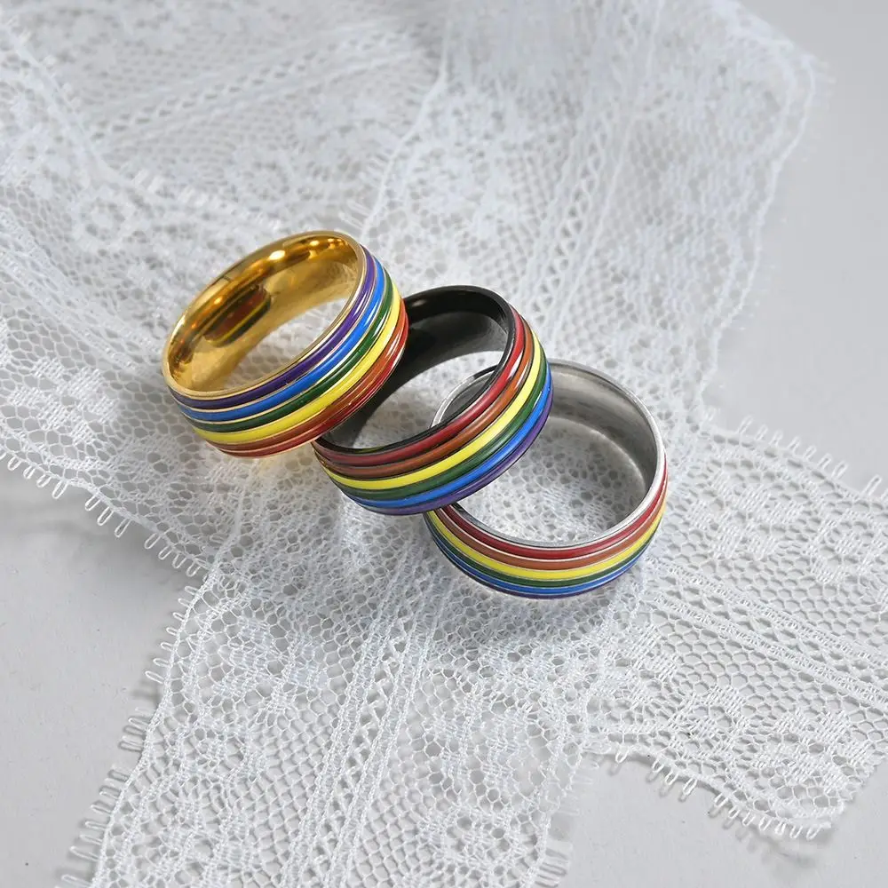 Stainless Steel Multicolour Rainbow Rings Rainbow Stripe Enamel Unisex Couple Rings Thick Comfort fit Finger Knuckle Bands Men