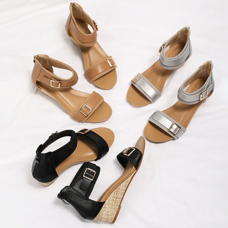 2024 Summer New Women Sandals Flash Diamond Roman Shoes Wedge Heel Fashion Dark Pattern Cross Straps Zip Ladies Party Vocation