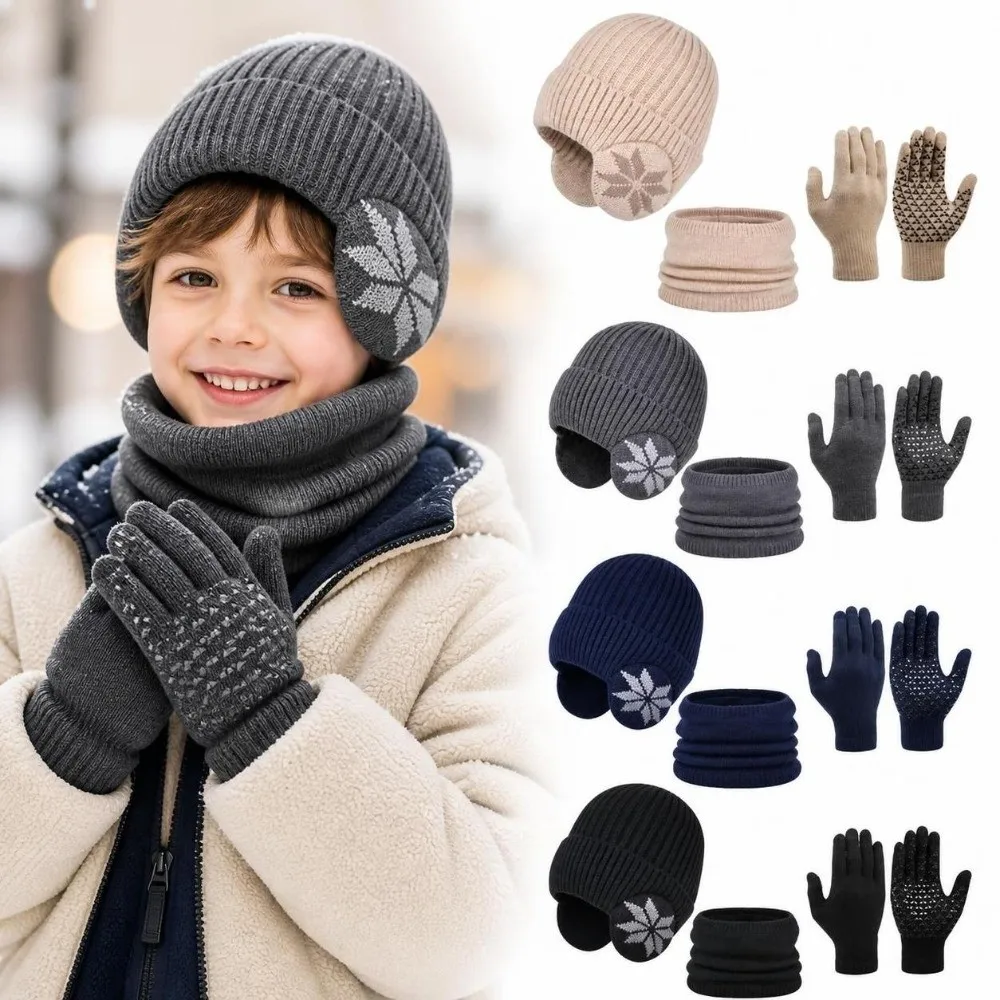 3Pcs Set Warm Winter Hat Scarf Gloves Set Snowflake Pattern Non-slip Gloves Beanie Caps Ear Protection Windproof