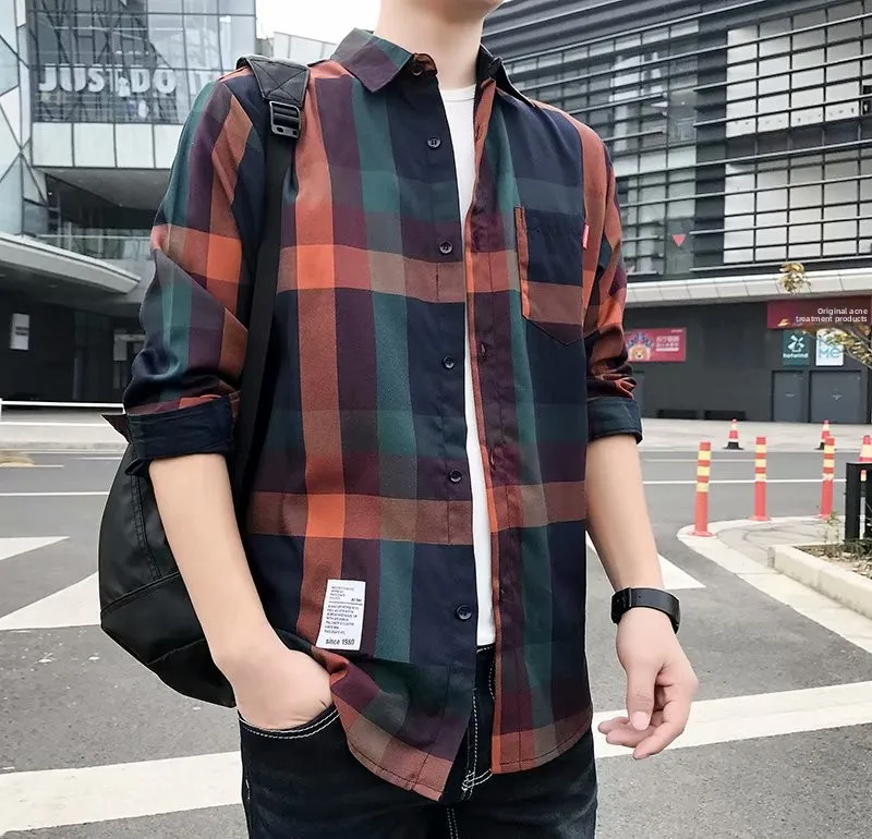 

Мужская повседневная рубашка в клетку Slim Fit, длинный рукав, корейская версия, молодежная, трендовая, универсальная, для пар