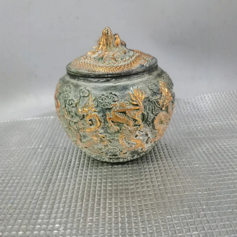 Gilt copper nine-dragon tea , chess , storage caddy, desktop decoration, craft gift