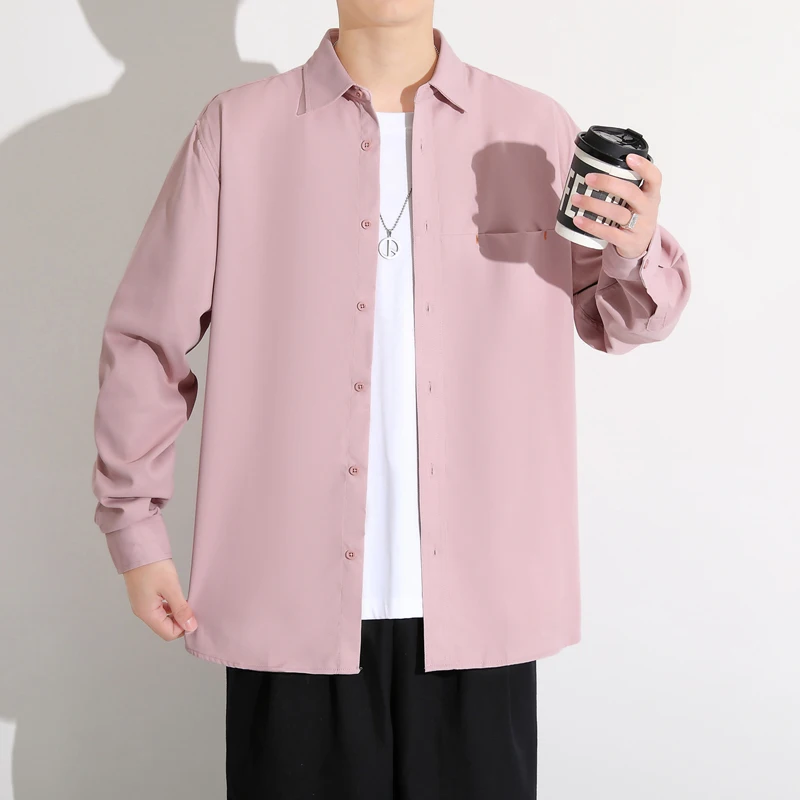 

Long Sleeve Loose Fit Men's Shirt Spring Autumn Flip Collar Hong Kong Style Fashion Outerwear Trendy Shirt Youth Polyester Fiber