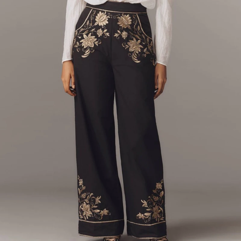 Women's Black Wide Leg Pants 2025 New Gold Floral Embroidery High Waist Loose Fit Elegant Party Casual Trousers for Female
