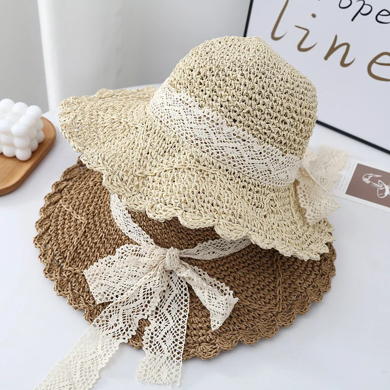 New Summer Beach Hat For Women Popular Wide Brim Straw Bucket Hat With Lace Butterfly Female Outdoor Sunscreen Cap Party Gift