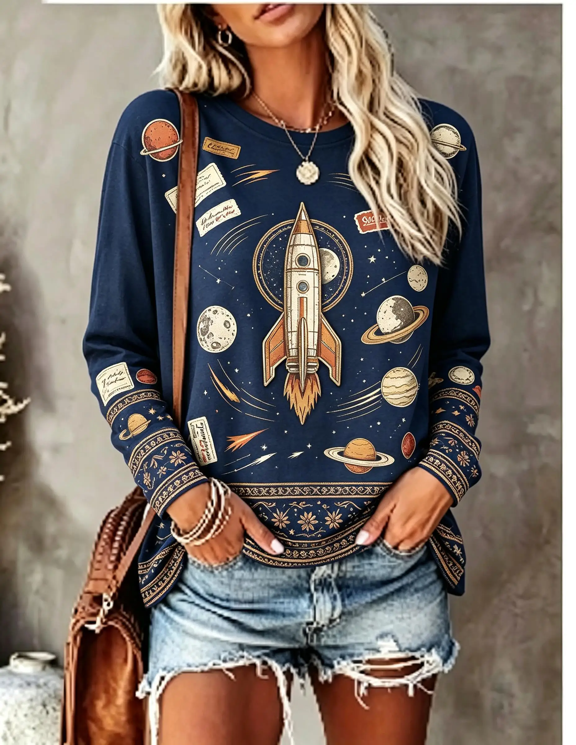 Women Long Sleeve T‑Shirt Boho Forest Deer Fox Owl Moon Star Wildlife Ethnic Print Crew Neck Casual Tops