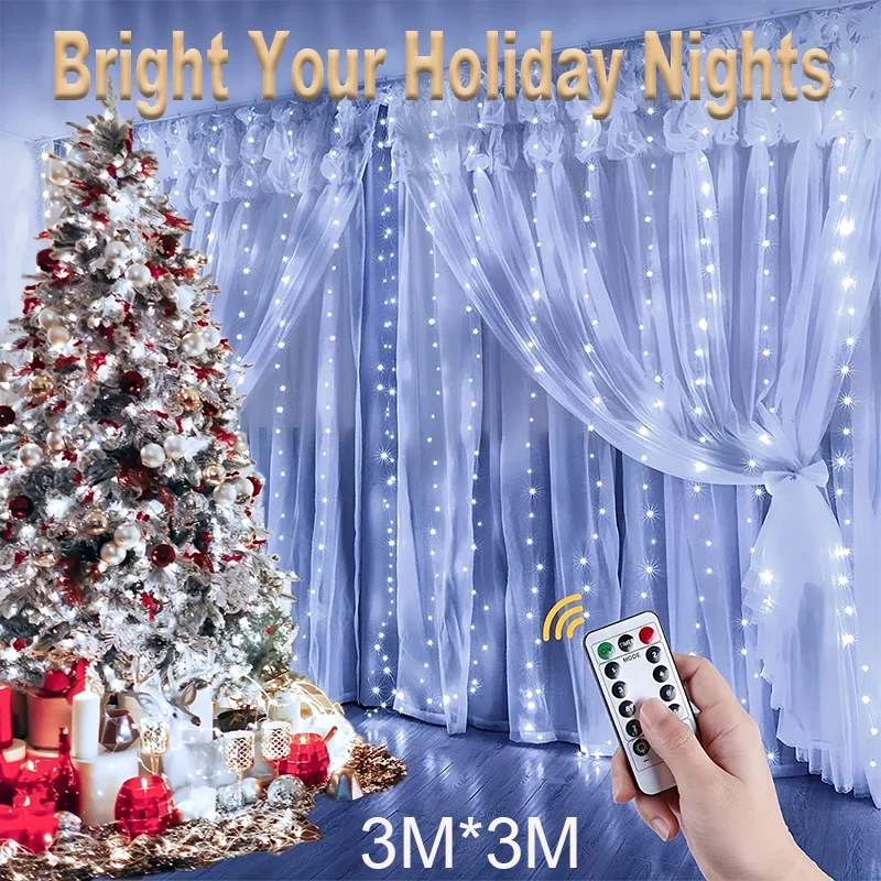

300 светодиодных гирлянд для штор с пультом дистанционного управления, 8 режимов освещения, теплый белый/холодный белый/разноцветный, USB-разъем, для свадьбы/вечеринки/праздника