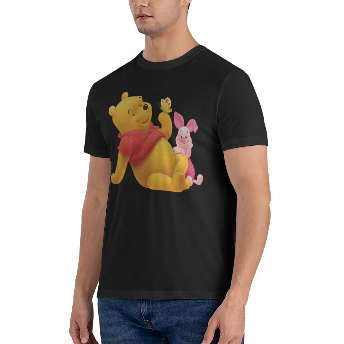 The Pooh Winnie T-Shirts for Men Disney Pooh Bear Winnie Vintage Cotton Tee Shirt Round Neck Short Sleeve T Shirts Party Clothes