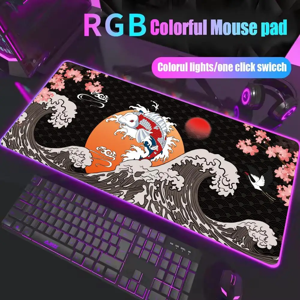 

Коврик для мыши RGB Koi Fish Deskmat со светодиодной подсветкой, игровая японская клавиатура с рыбой Инь-Янь, компьютерные аксессуары, удлиненный коврик для мыши в стиле аниме