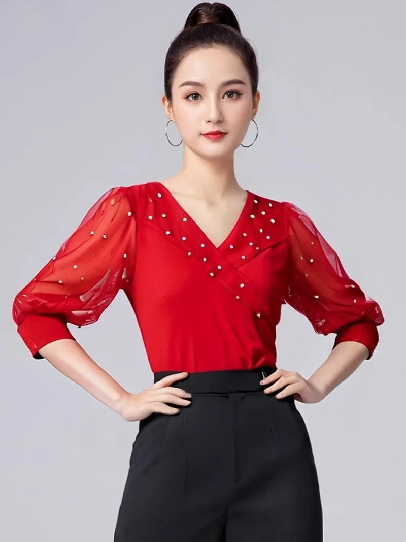 

Dancewear Women Line Latin Dance Top Rumba Modern Dancing Female Short Sleeves Ballroom Dances Tops Adults Practice Clothes