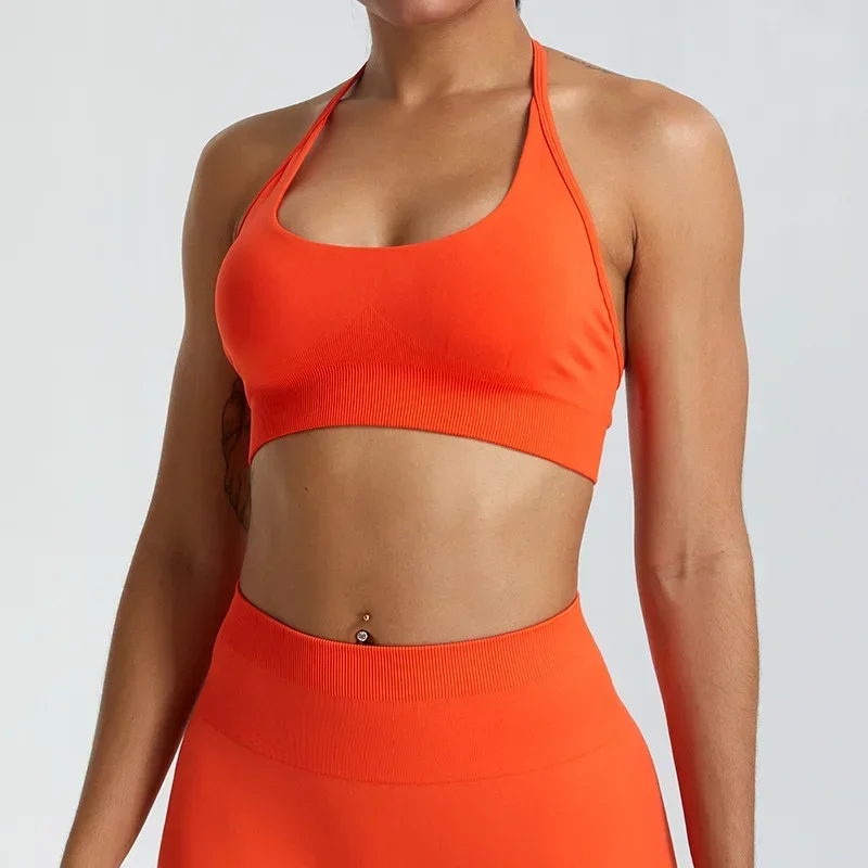 

Seamless Sports Bra Woman Fitness Yoga Bra Gym Workout Sexy Backless Hanging Neck Bra Push Up Sports Underwear Running Yoga Vest