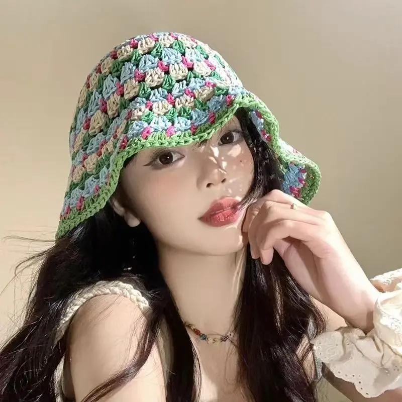 종이 양동이 여성용 니트 모자, 크로셰 오픈워크 모자, 꽃 비니 용수철, 여름 프랑스 빈티지 문학적 모자, 배치 의상