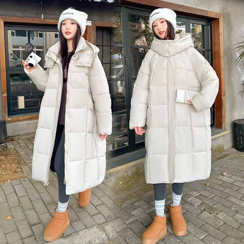 Long Parkas Coats Women Hooded Overcoat Solid Pocket Zipper Long Sleeve Loose Fit Thick Office Lady Casual 2025 Autumn Winter