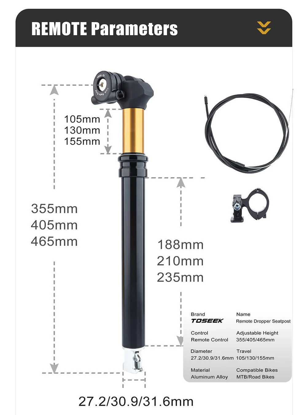 TOSEEK Fahrrad-Sattelstütze mit Drahtsteuerung 27,2mm/30,9mm/31,6mm Schwarz-Gold Aluminiumlegierung Mountainbike-Sattelstütze – Detail 2