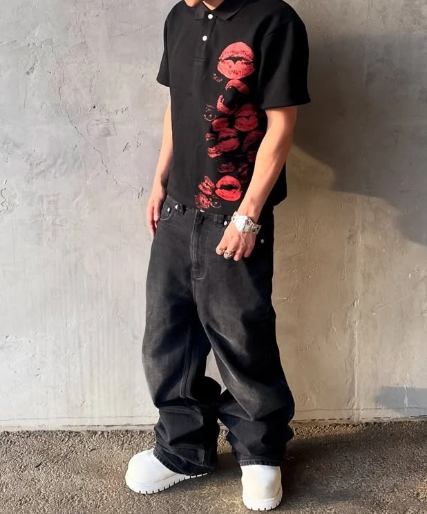 الصيف المتخصصة الشارع الهيب هوب الفن الرجعية الحنون قبلة شفاه حمراء مطبوعة القطن قميص بولو غير رسمي الرجال فضفاض الملابس اليومية زوجين