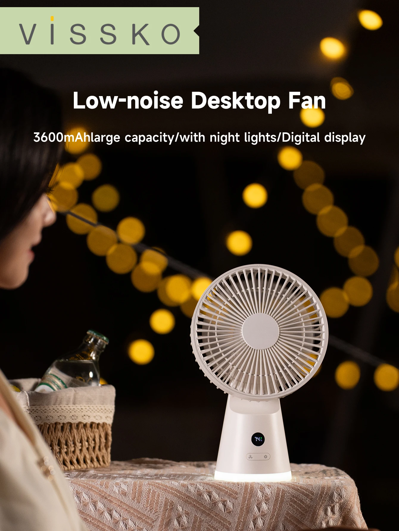 Vissko USB Desk Fan Strong Airflow & Quiet Operation Three-Speed Wind Mini Table Fan 3600mAh for Home Office Bedroom