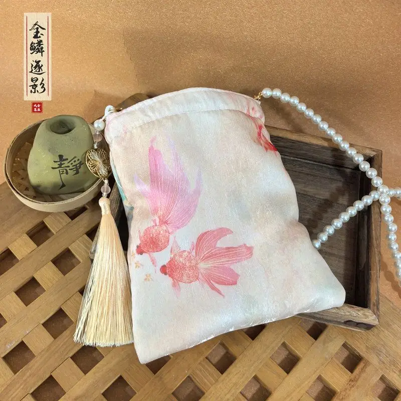 Chinese Vintage Pink Goldfish Print Chiffon Crossbody Bag With Pearl Strap Tassel Lock For Hanfu Cheongsam Ancient Costume Wear