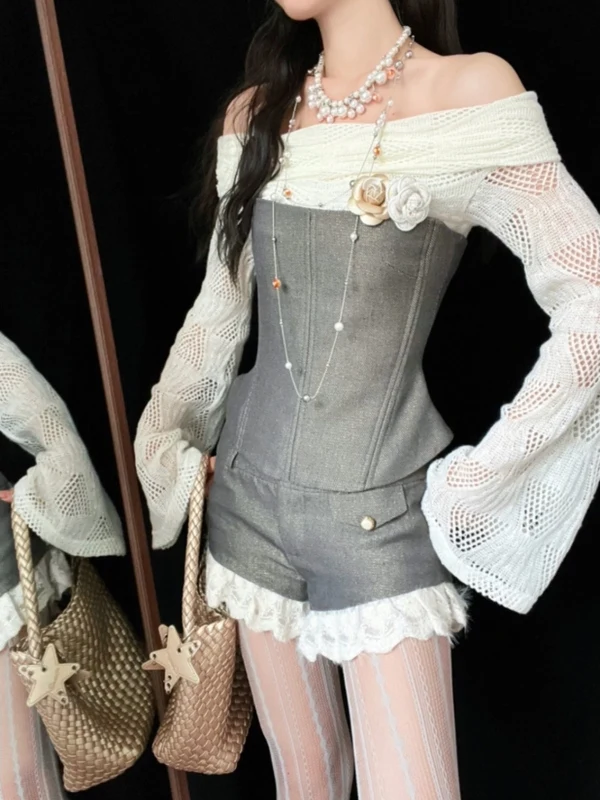 

Корейский Sle Spicy Girl Трикотажные брюки на одно плечо с рюшами и прямыми штанинами Faion Set Длинная блузка све с высокой талией