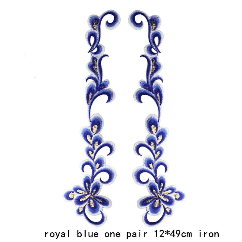 長い雲と花のあるスパンコール刺patchパッチ、アフリカのレースのアップリケ、ドレスに鉄のステッカー、衣類の装飾、DIY、青と金、1ペア