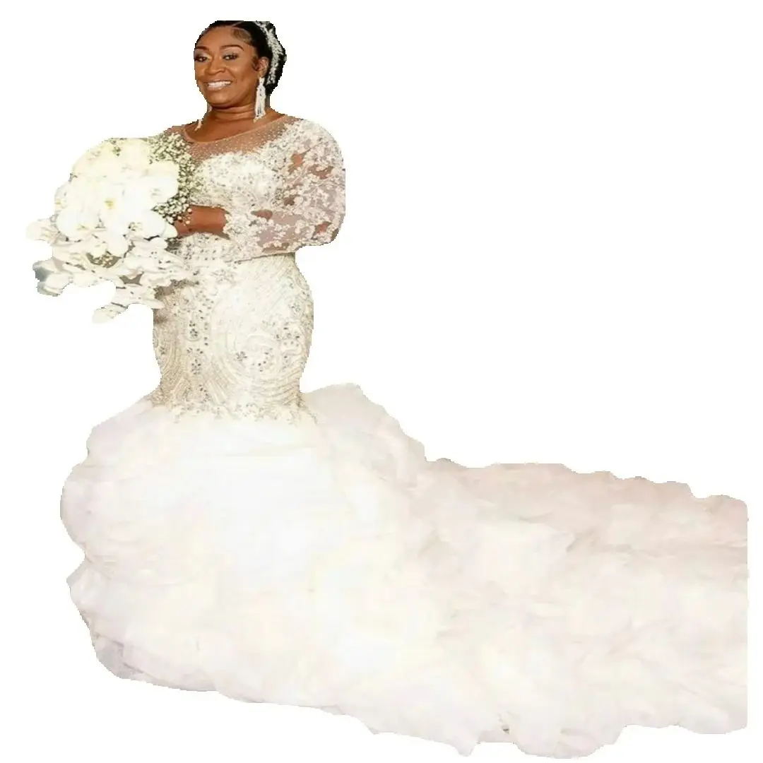 

Customized Plus Size Shinny Crystals Beads Luxury Wedding Dress Robe De Mariée Full Sleeves Cascading Ruffles Bridal Gown
