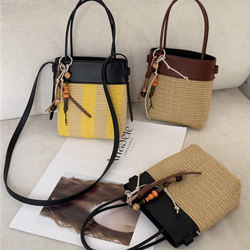 

Dave&Di French Retro Holiday Leisure Bucket Bag Niche Design Stitching Straw Bag Handheld Shoulder Crossbody Small Bag