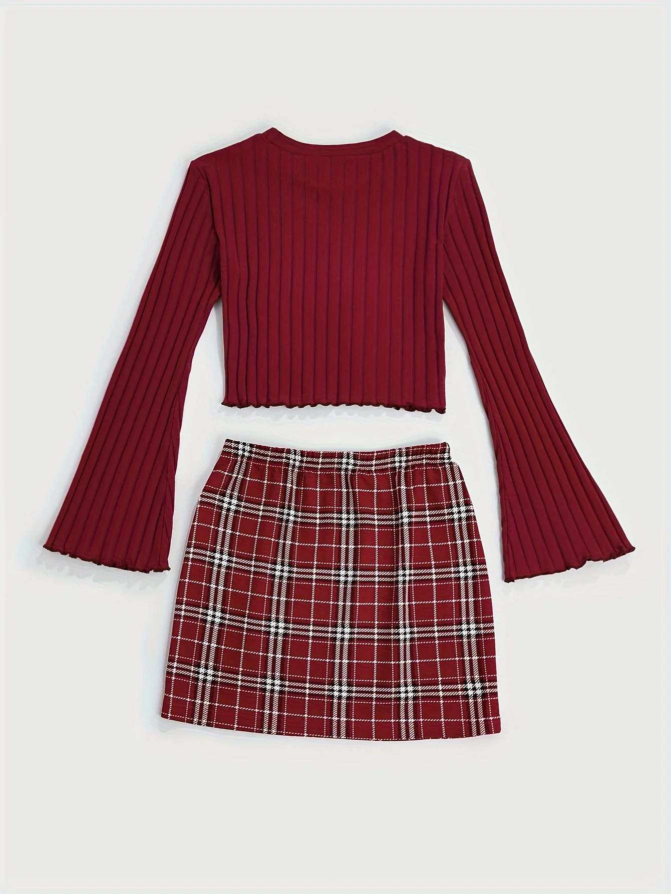 Casual Colorblock Two-piece Skirt Set Ribbed Crew Neck Long Sleeve Top & Plaid Skirts Women\'s Clothing