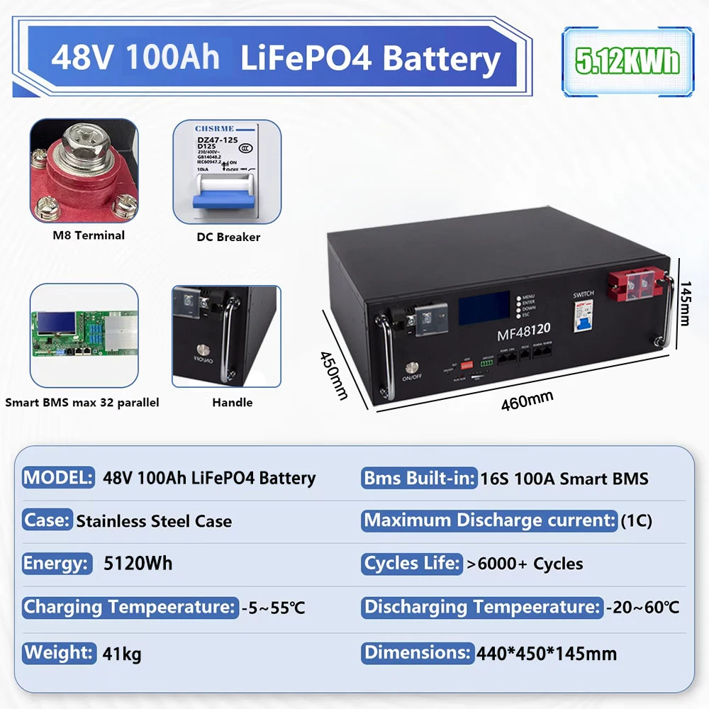 Tout nouveau Pack de batterie LiFePO4 48V 100Ah 5kwh intégré 16S 100A BMS RS485 batterie au lithium 48v 100ah peut Pack de cellules pour système solaire