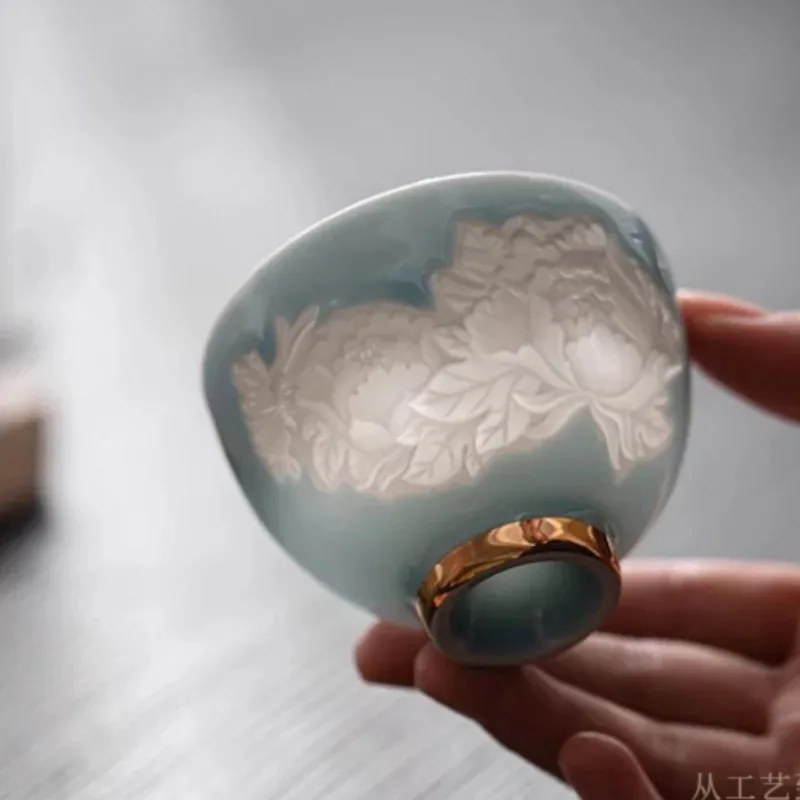 110ML Shadow Carving Butterfly Love Flower Teacup Handmade Tea Bowl Portable Travel Personal Meditation Cup Tea Set Master Cups