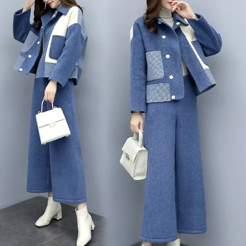 2023 Autumn Winter Wool Suit Jacket Women Long Sleeve Coat Casual Trousers Two Piece Set Elegant Women's Pant Set Female Outfits