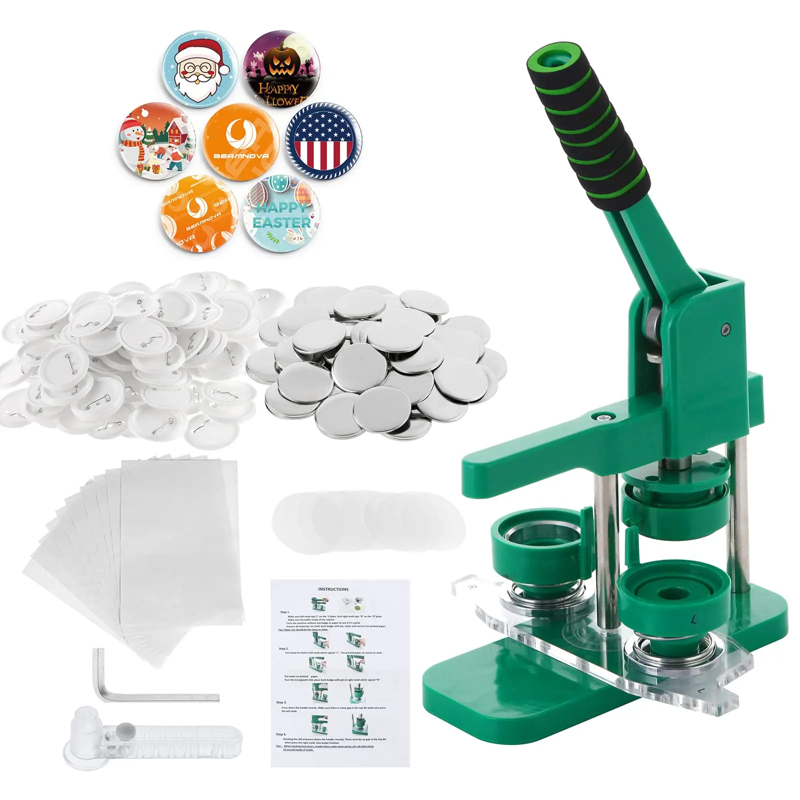 

25-58mm Upgraded Button Maker Machine with Absorbable Mold Round Pin Maker Kit & 100PCS Button Parts & Circle Cutter Rotating