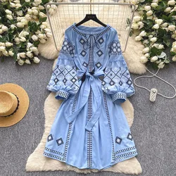 New Spring Autumn Women's Retro Ethnic Embroidered Dress Lantern Sleeves Bohemian Holiday Dress Women Tops GD678