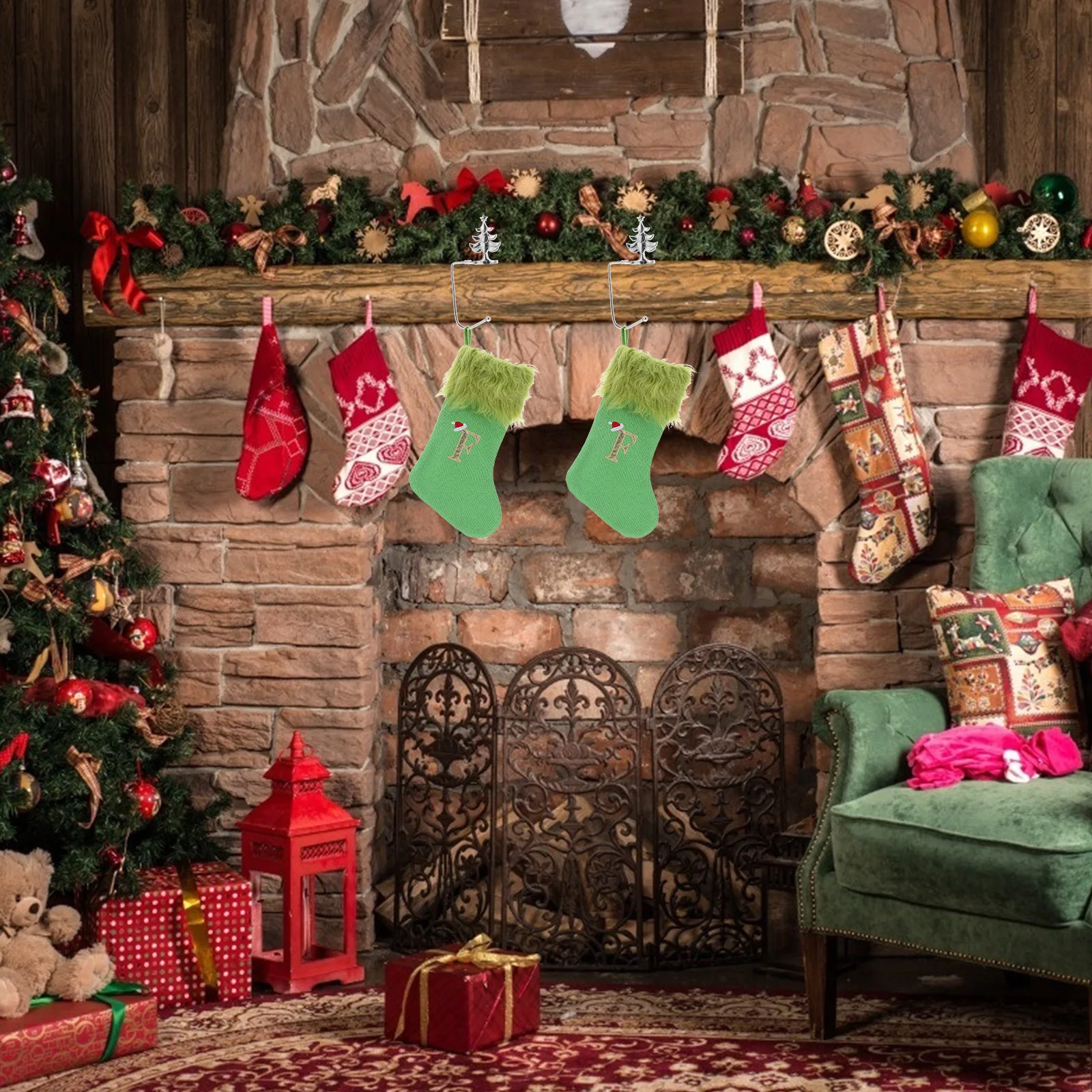 

Knitted Green Christmas Stocking Large Letter F Embroidery Hanging Loop Family Holiday Party Decoration Xmas Stockings