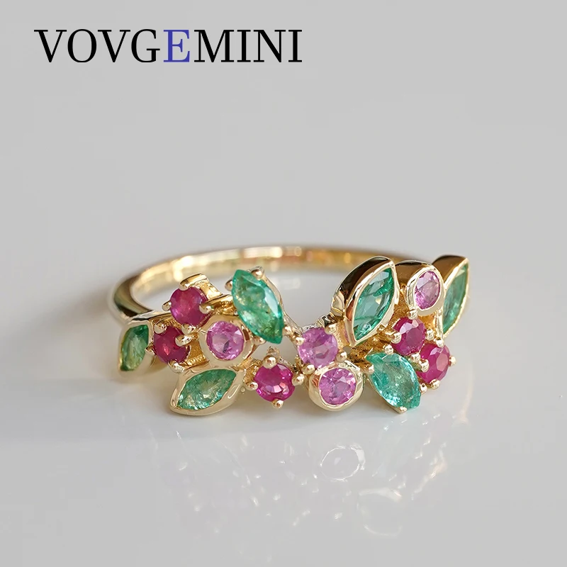 VOVGEMINI Beautiful Colorful Rings For Women Marquise Emerald Round Pink Sapphire 9k Real Gold 585 Flower Fashion Ring For Girls