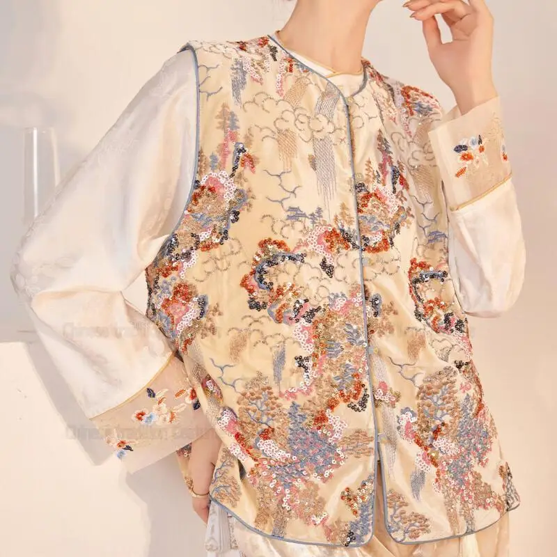 Ropa Estilo Tang Chino, Top Qipao de Lujo con Bordado de Lentejuelas, Chaleco sin Mangas, Chaqueta Hanfu Elegante para Mujer, Abrigo Chesongam Mejorado
