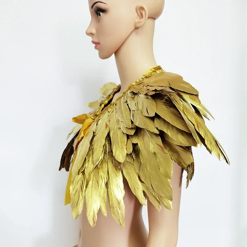 Gótico vitoriano encolher xales dourado colar falso pena de ganso ombro envoltório capa fita guarnições cosplay festa mn1
