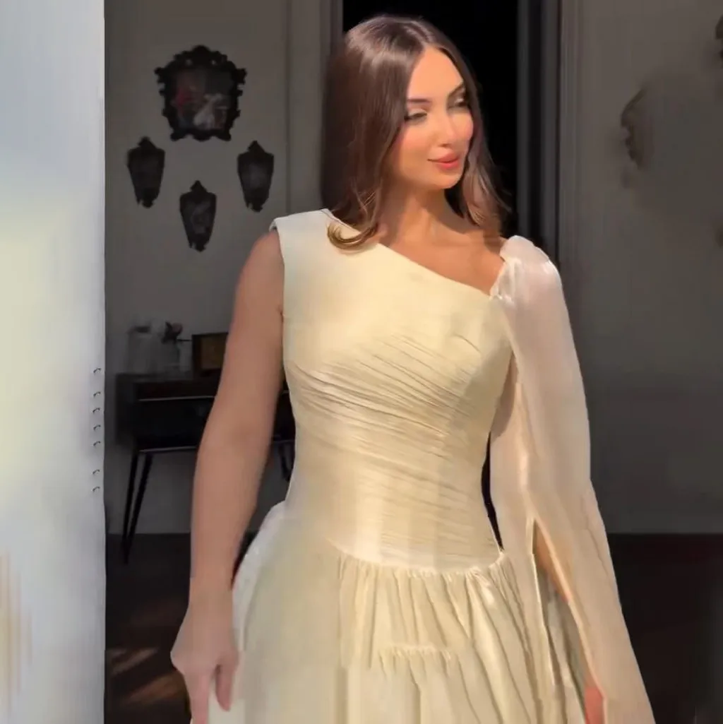 Sevintage 2025 Yellow Silk Chiffon A Line Pleated Maxi Evening Dress One Shoulder Prom Gown Dubai Women Formal Dress Customized