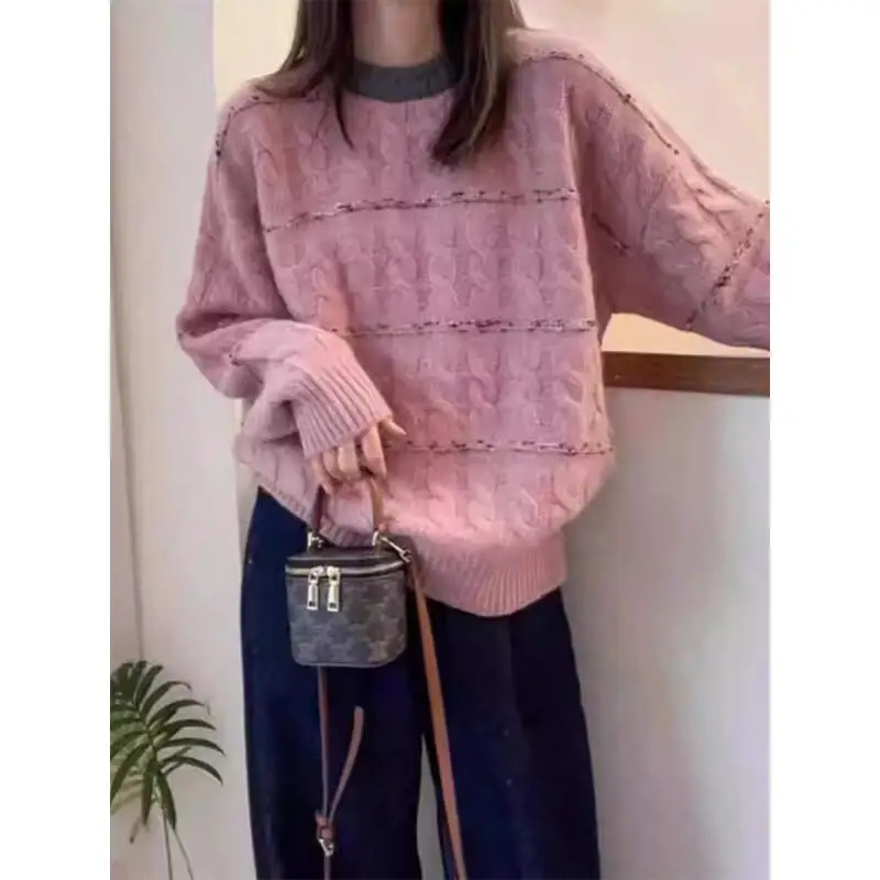 Sweater bergaris kontras yang lembut dan berbahan lilin untuk wanita, sweater wanita musim gugur dan musim dingin, gaya santai, kaos dalaman, Gaya Fashion Terbaru